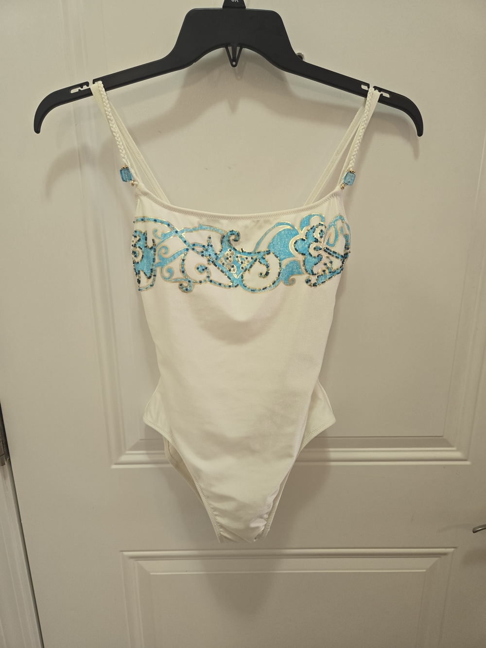 Lea Gottlieb Embroidered Floral One Piece Swimsuit White Blue Gold Size 12